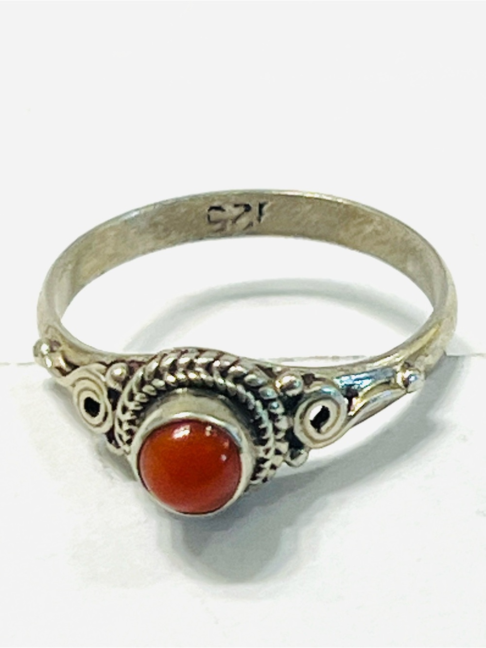 Sterling Silver Coral Cabochon Accent Ring - Red